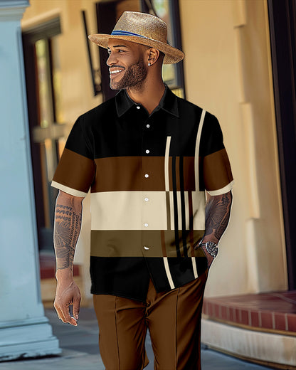 Men's Retro Colorblock Short Sleeve Shirt Walking Suit 1574