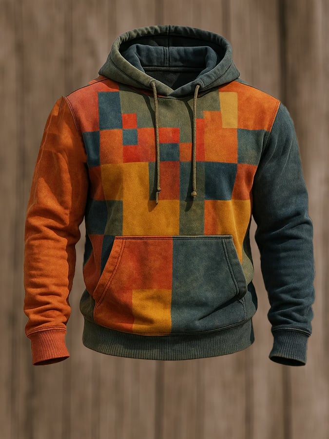 Men's Retro Distressed Color Block Print Casual Long Sleeve Sweatshirt