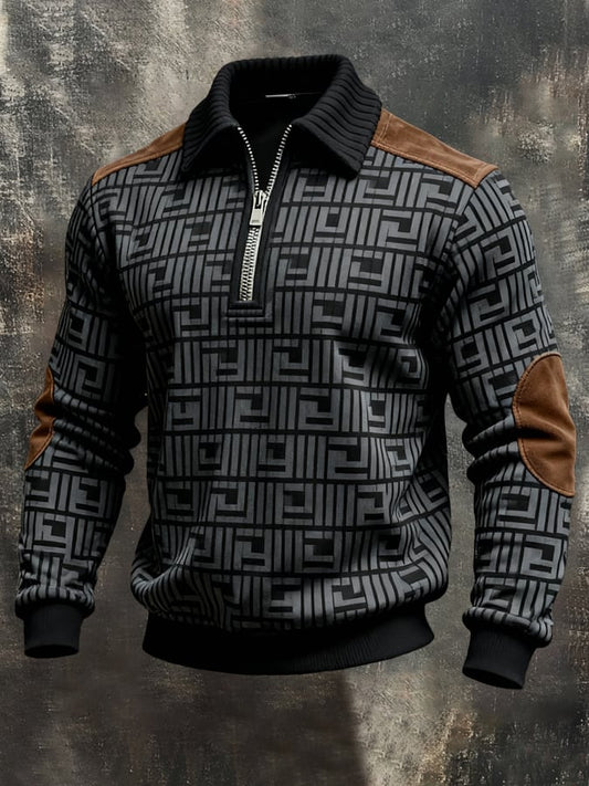 Men's Retro Color Block Print Color-Blocked Zip-Up Sweatshirt