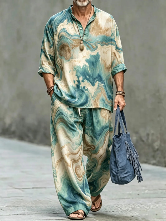 Men's Vintage Abstract Art Printed Cotton Shirt Set (Top & Pants)
