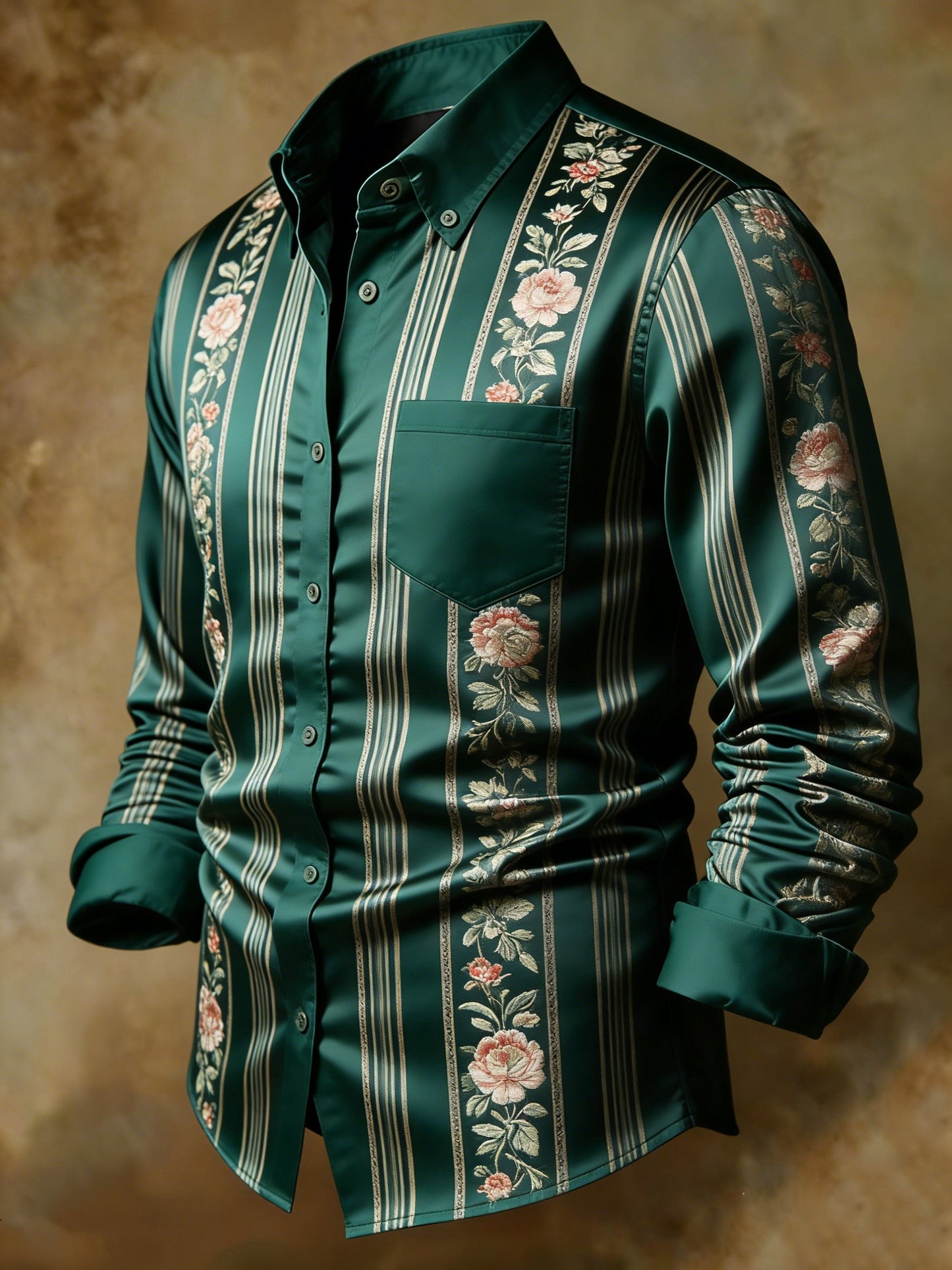 Opulent Emerald Rose Stripe Print Business Shirt
