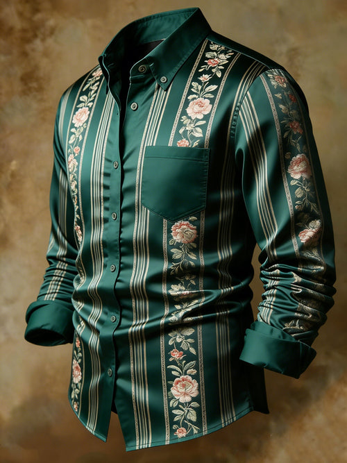Opulent Emerald Rose Stripe Print Business Shirt