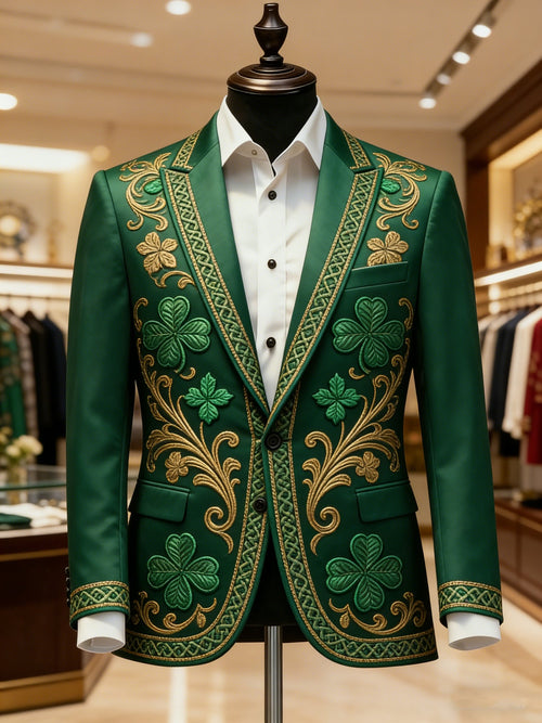 Men's Casual Notch Lapel Lucky Celtic knots Shamrock St Patrick's Day Green Print Blazers