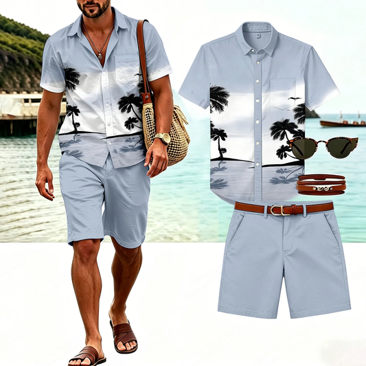 Men's Casual Short-Sleeved Shirt And Shorts Two-Piece Set (Excluding Bag, Belt, Sunglasses And Accessories)