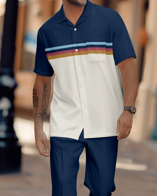 Men's retro colorblock printed short-sleeved shirt walking Suit 1078
