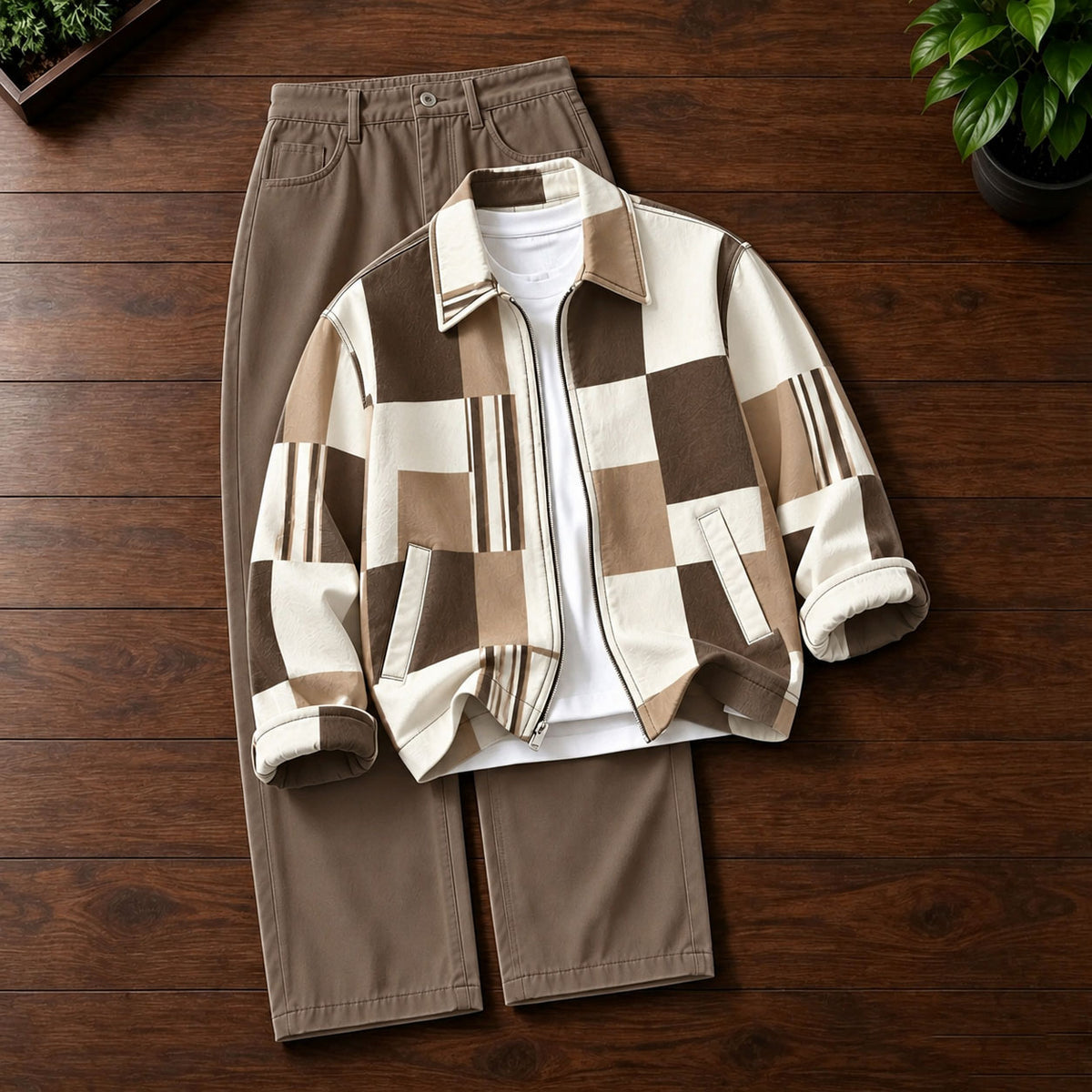 Men's Printed Lapel-Collar Zip-Up Cardigan and Pants Set
