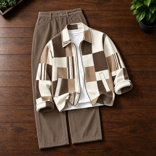 Men's Printed Lapel-Collar Zip-Up Cardigan and Pants Set