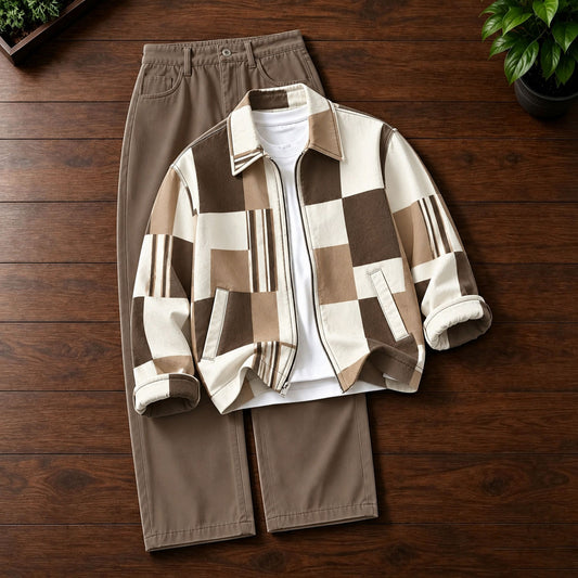 Men's Printed Lapel-Collar Zip-Up Cardigan and Pants Set