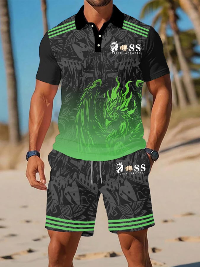 Men's Retro Letter Design Casual Business Short Sleeve Polo Shirt Suit