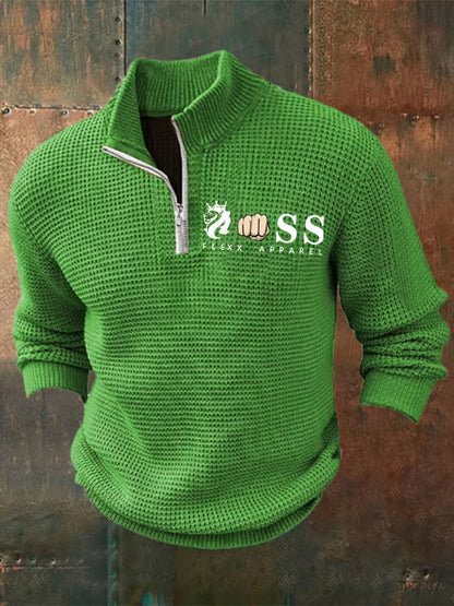 Men's Retro Letter Design Printed Zipper Collar Jacquard Knitted Sweatshirt