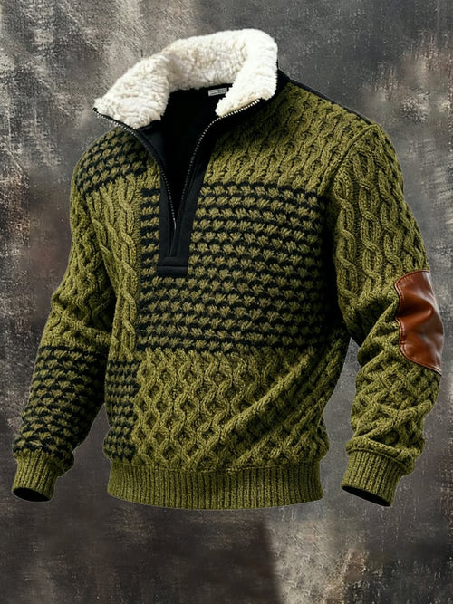 Men's Retro Color Block Print Casual Fur Collar Sweatshirt