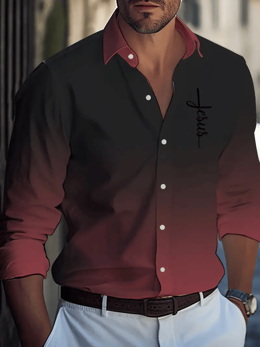 Men's Casual Solid Color Faith Long Sleeve Lapel Shirt