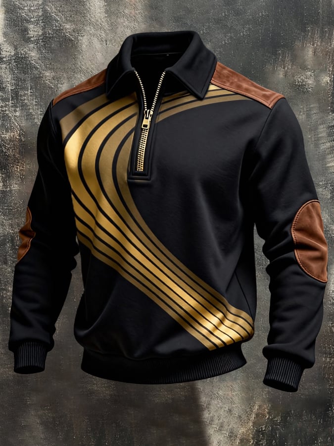 Men's Retro Color Block Print Color-Blocked Zip-Up Sweatshirt