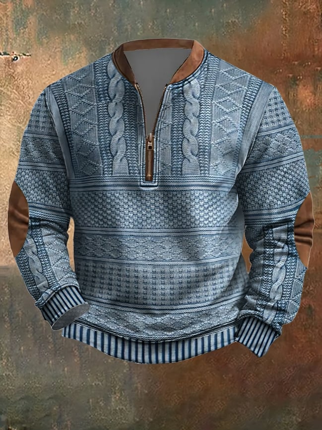 Men's Vintage Knit Print Zip-Up Sweatshirt