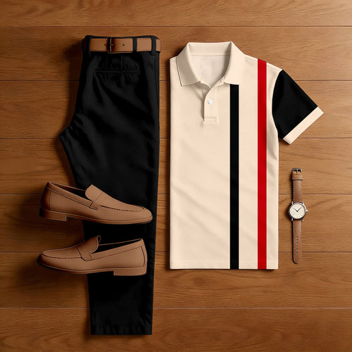 Men's Casual Khaki Stripes Printed Polo Shirt And Pants Two-Piece Set
