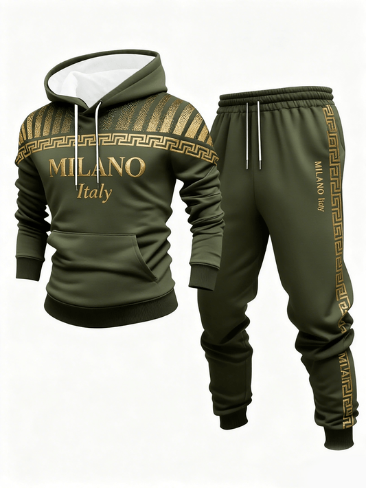 Men's Casual Gold & Army Green Color Matching Printed Hoodies Long Sleeved Sweatshirts & Sweatpants Two-Piece Set