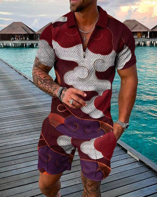 Men's Casual Colorblock Print Polo Shirt Two Piece