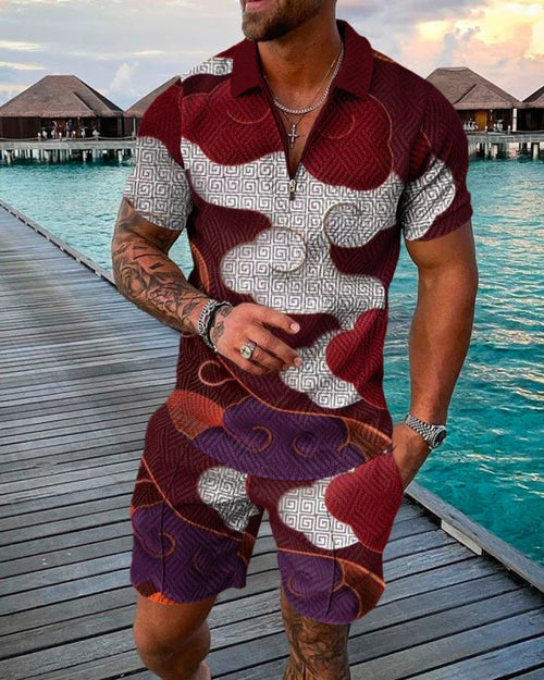 Men's Casual Colorblock Print Polo Shirt Two Piece