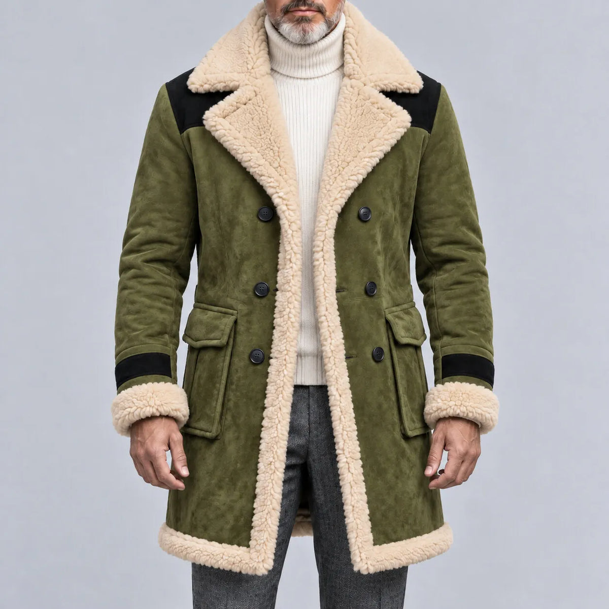 Men's Suede Contrast Color Sherpa Lined Lapel Collar Flap Pocket Double-Breasted Trench Coat