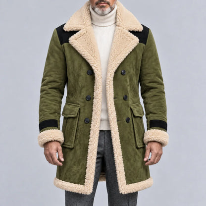 Men's Suede Contrast Color Sherpa Lined Lapel Collar Flap Pocket Double-Breasted Trench Coat