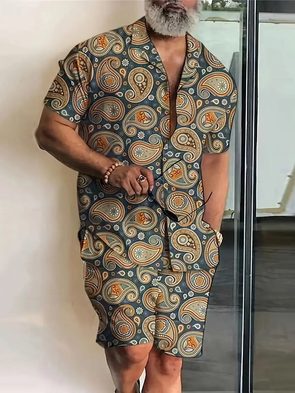 Men's Hawaii Vacation Printed Lapel Collar Short-Sleeved Two-Piece Set