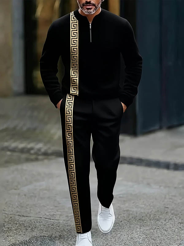 Men's Casual Color Matching Printed Round-Neck Zipper Long Sleeved Trousers Two-Piece Set