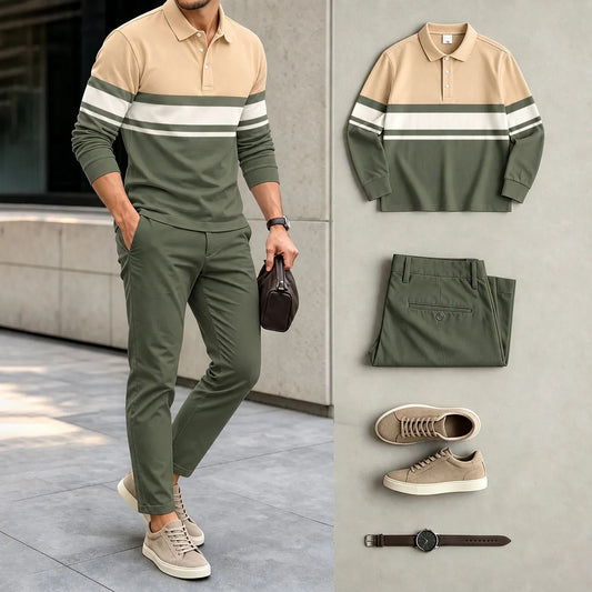 Men's Printed Polo Shirt and Pants Set