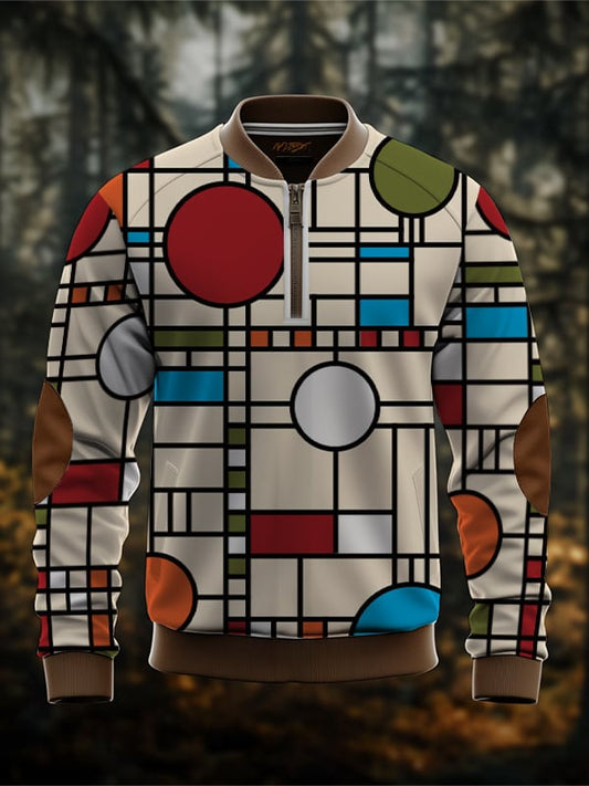 Men's Retro Contrast Color Block Print Zip-Neck Sweatshirt