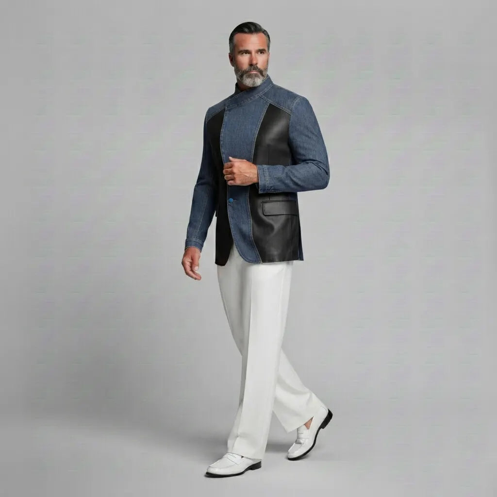 Men's Denim PU Leather Patchwork Colorblock Stand Collar Slim Fit Wrap Jacket