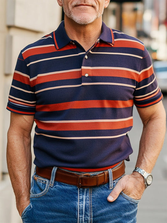 Men's Casual Business Stripe Print Button-Down Short Sleeve Polo Shirt