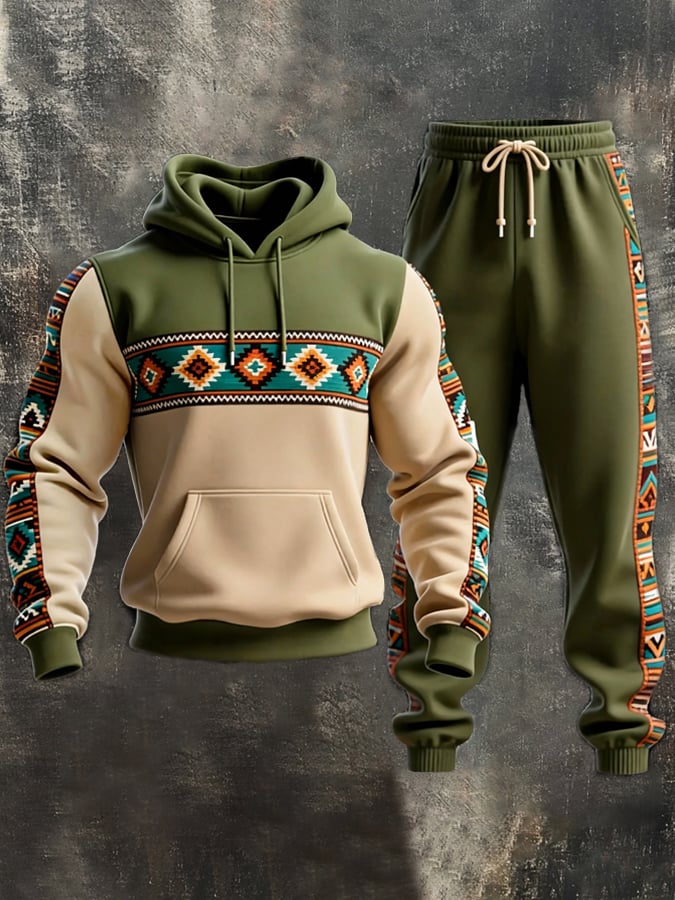 Men's Retro Distressed Contrast Color Hooded Casual Sweatshirt Set