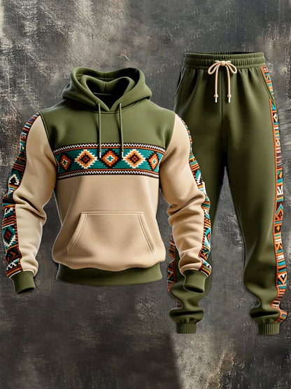 Men's Retro Distressed Contrast Color Hooded Casual Sweatshirt Set
