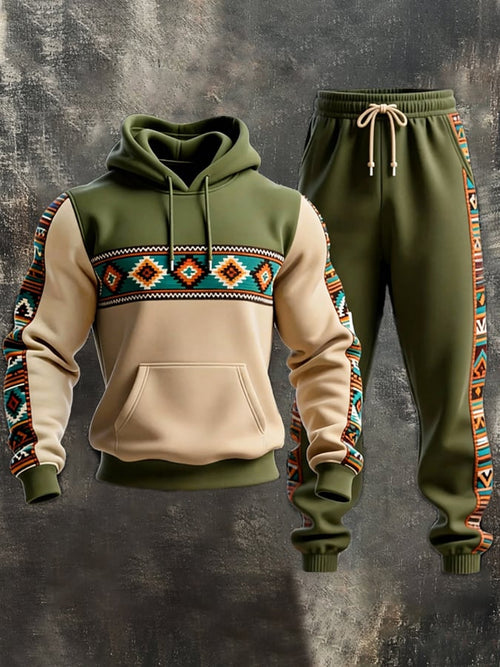 Men's Retro Distressed Contrast Color Hooded Casual Sweatshirt Set
