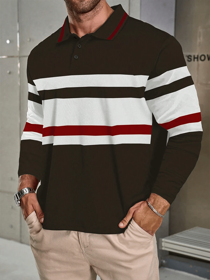 Men's Striped Business Casual Long Sleeve Polo Shirt