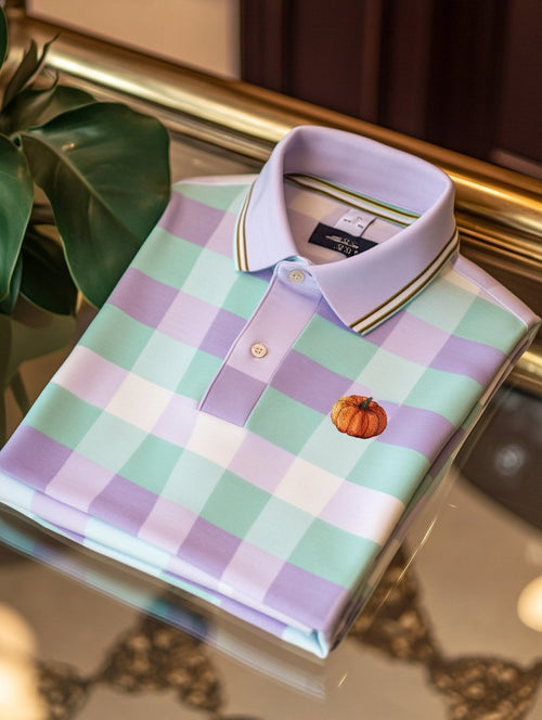 Men's Classic Business Check Halloween Pumpkin Logo Button Short Sleeve Polo Shirt