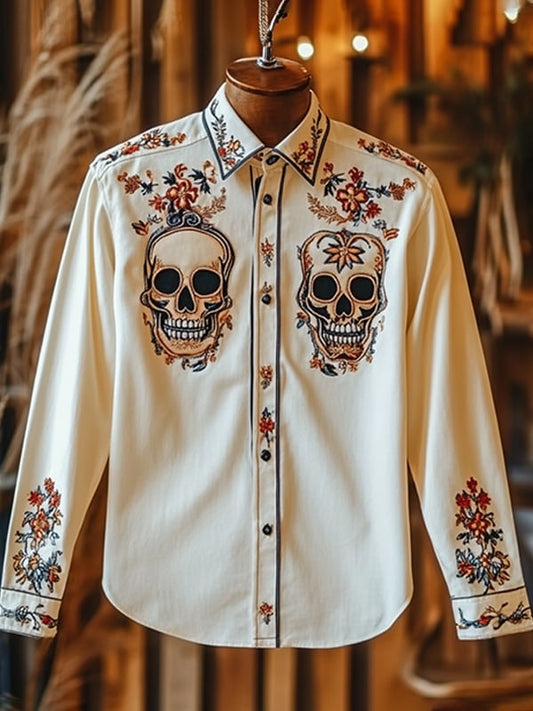 Men's Outdoor Vintage Skull and Floral Print Long Sleeve Shirt