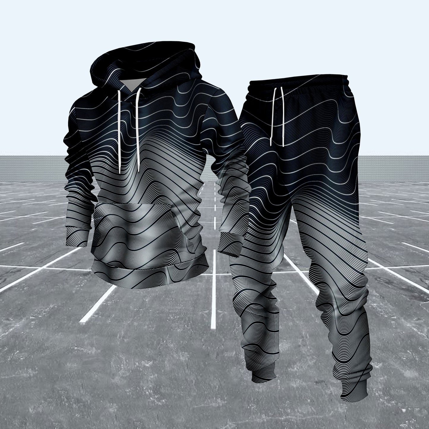 Men's Casual Gray & Navy Gradient Striped Pattern Hoodies Long-Sleeve Sweatshirts & Sweatpants Two-Piece Set