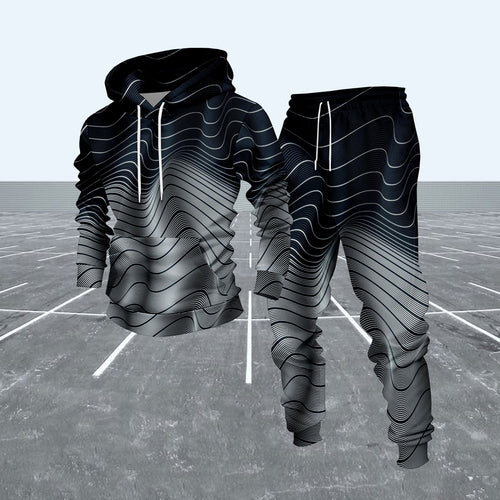 Men's Casual Gray & Navy Gradient Striped Pattern Hoodies Long-Sleeve Sweatshirts & Sweatpants Two-Piece Set