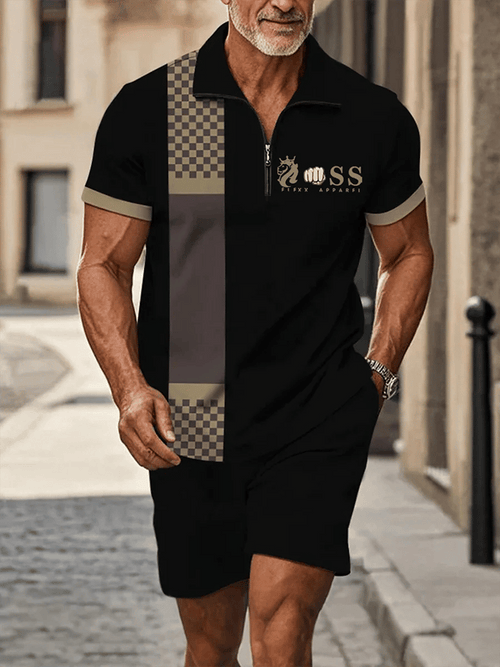 Men's Retro Letter Design Casual Business Short Sleeve Comfortable And Breathable Polo Shirt Suit