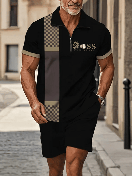 Men's Retro Letter Design Casual Business Short Sleeve Comfortable And Breathable Polo Shirt Suit