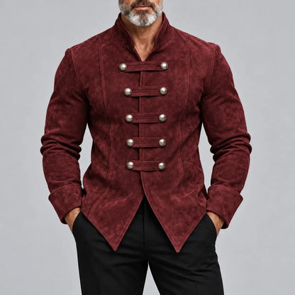 Men's Burgundy Suede Stand Collar Metal Button Slim Fit Vintage Hussar Jacket