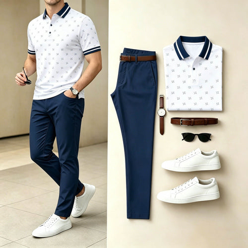 Men's Casual Tiny Logo Pattern White Polo Shirt & Long Pants Two-Piece Set