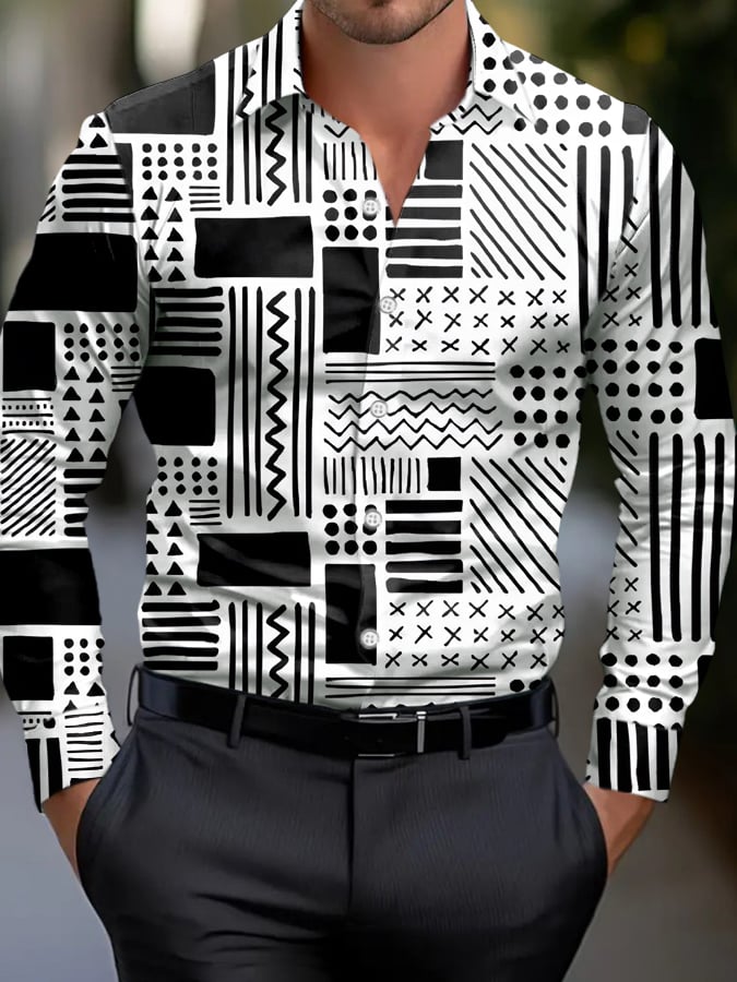Men's Business Casual Geometric Print Long Sleeve Shirt