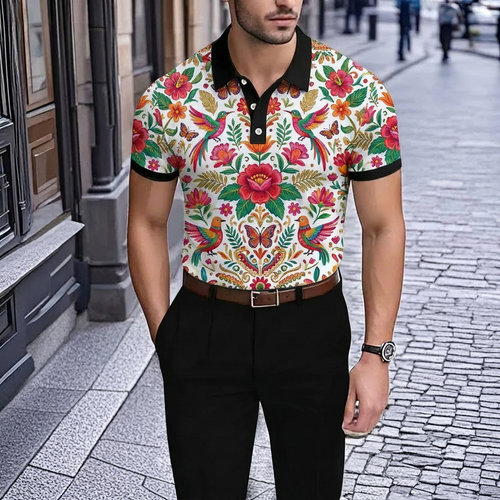 Men's Retro White Floral Print Short-Sleeve Polo Shirt