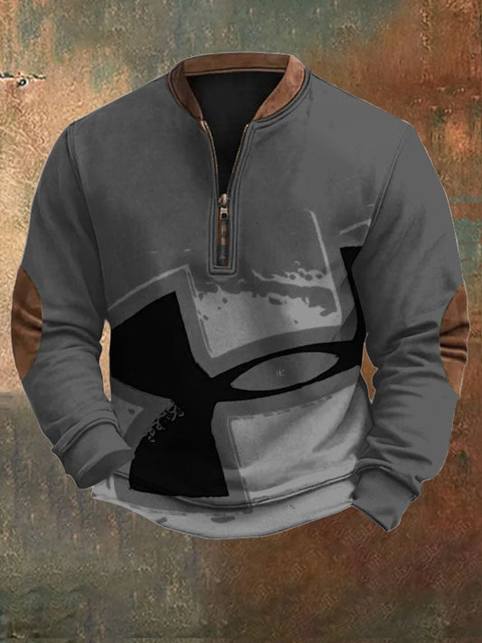 Men's Retro Western Print Zip Collar Sweatshirt