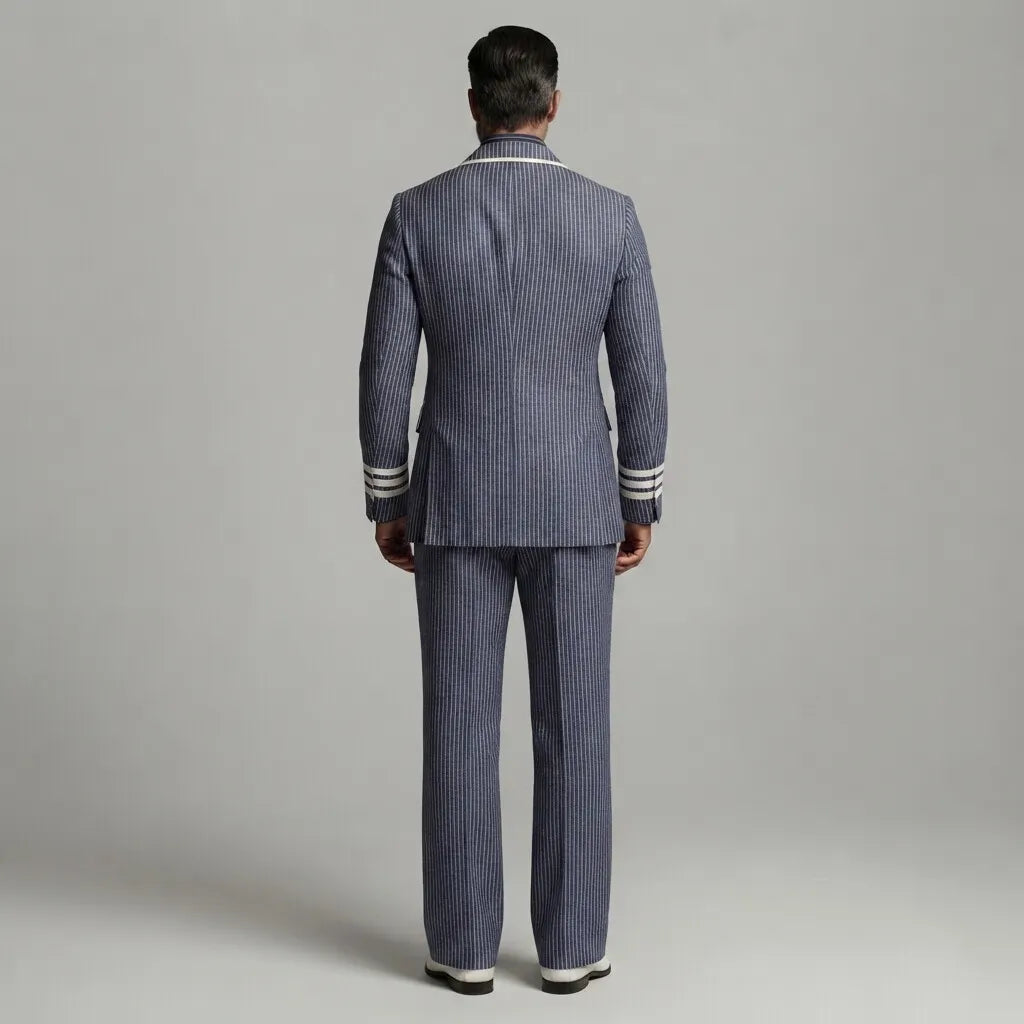 Men's Formal Navy Blue Pinstripe Print Contrast Piping Peak Lapel Double-Breasted Blazer & Pants 2Pcs Suit