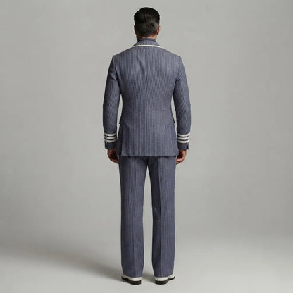 Men's Formal Navy Blue Pinstripe Print Contrast Piping Peak Lapel Double-Breasted Blazer & Pants 2Pcs Suit