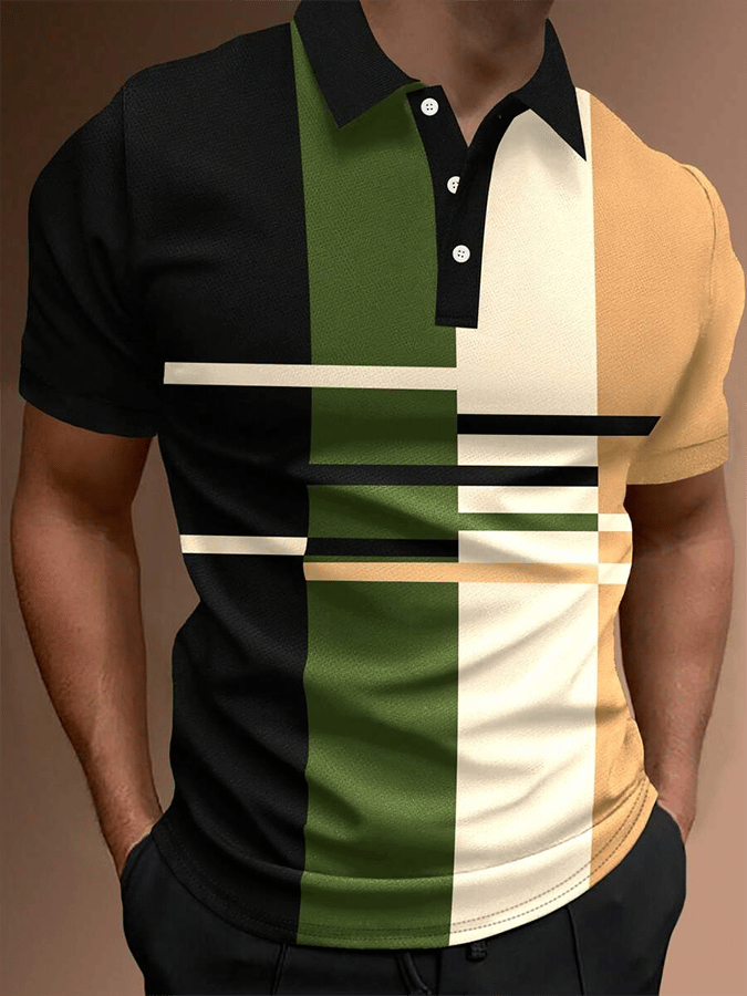 Men's Retro Contrast Design Button Short Sleeve Casual Polo Shirt