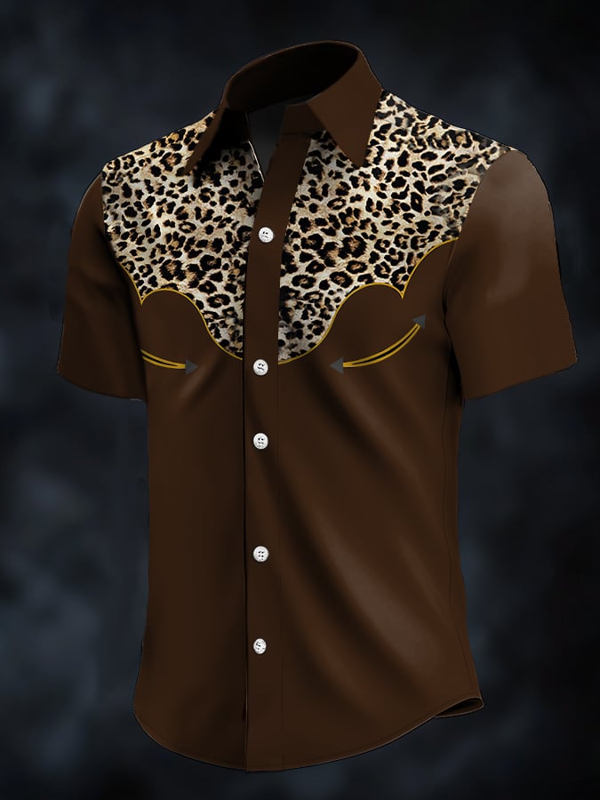 Men's Retro Western Contrast Print Short Sleeve Casual Shirt