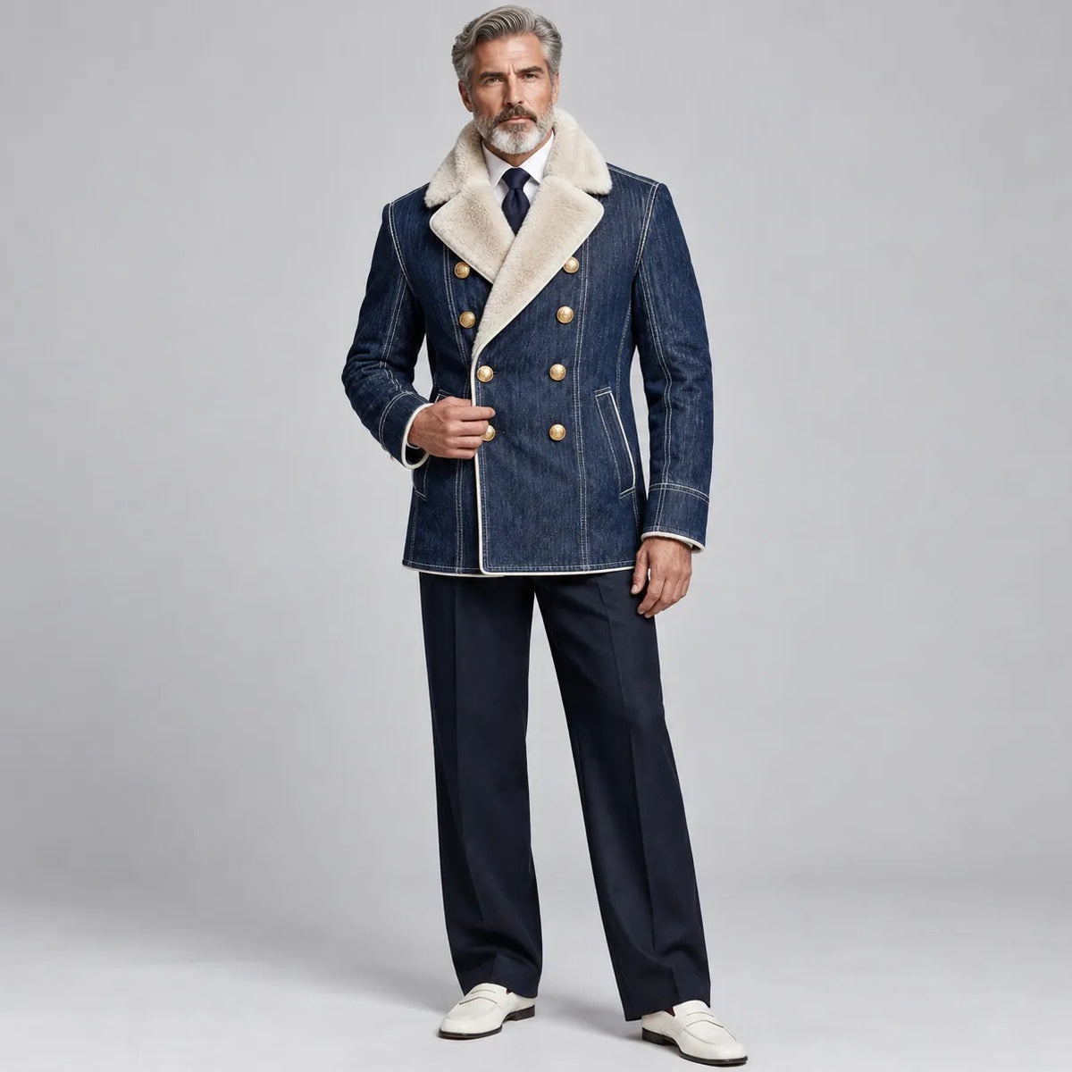 Men's Navy Blue Contrast Fuzzy Collar Topstitching Double-Breasted Denim Blazer